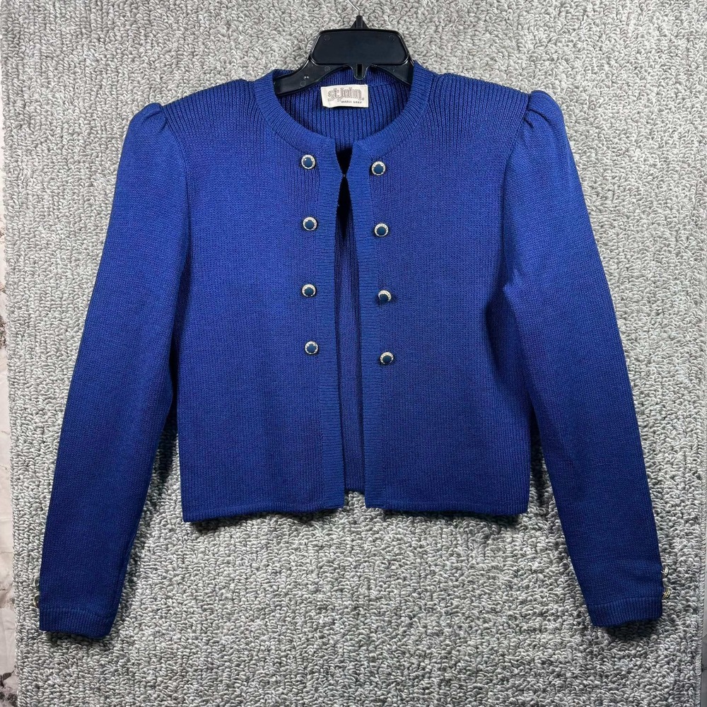 St. John Knit Cardigan Royal Blue Crystal Button Vintage Women Size 8